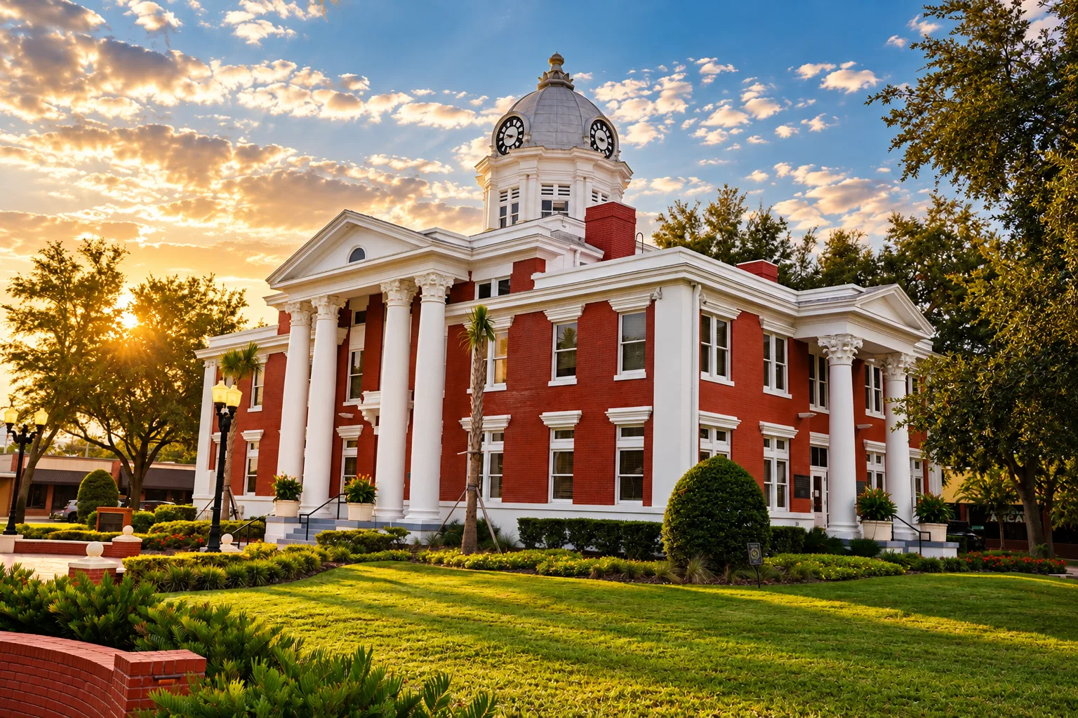 The historic courthouse at sunset: red brick, white columns and the clock dome, with the sun low behind the live oaks.