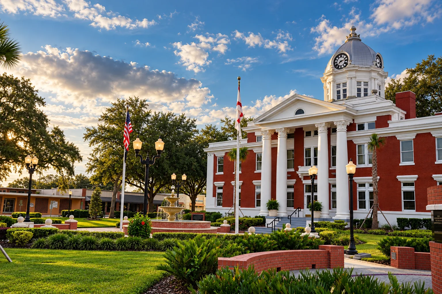The 1909 Pasco County Courthouse at golden hour, seen across the courthouse plaza with its fountain, flags and lamp posts.