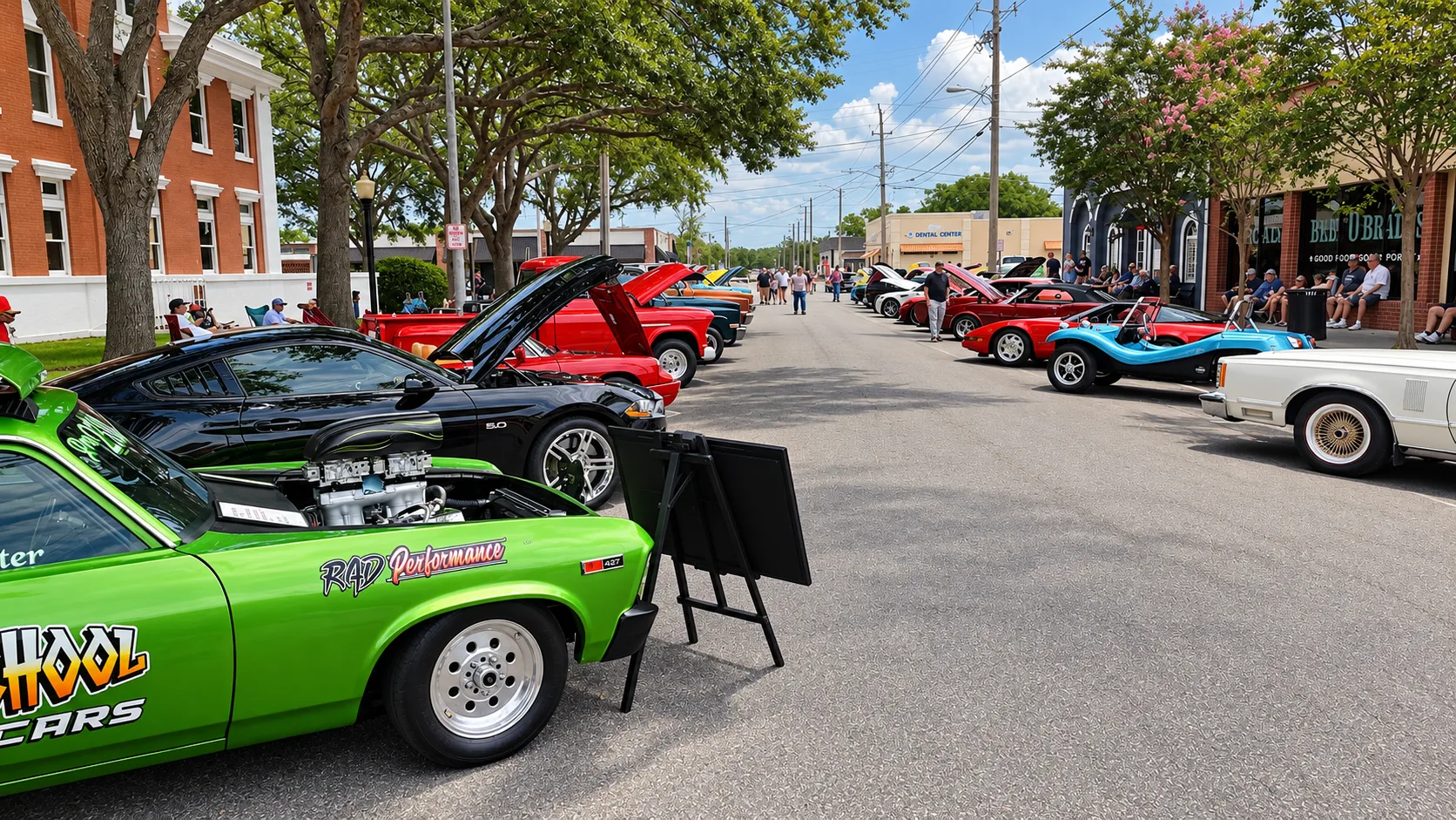 The Dade City Cruise-In: classic and custom cars parked along a downtown street, hoods up, with people walking the rows under the oaks.