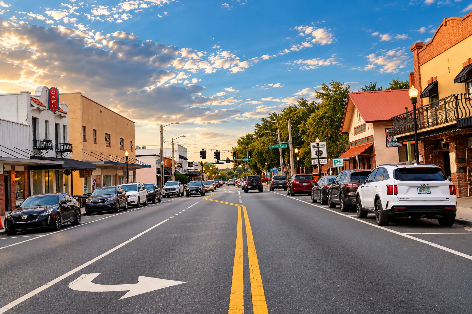 A downtown Dade City street lined with historic storefronts and parked cars, under a bright sky.
