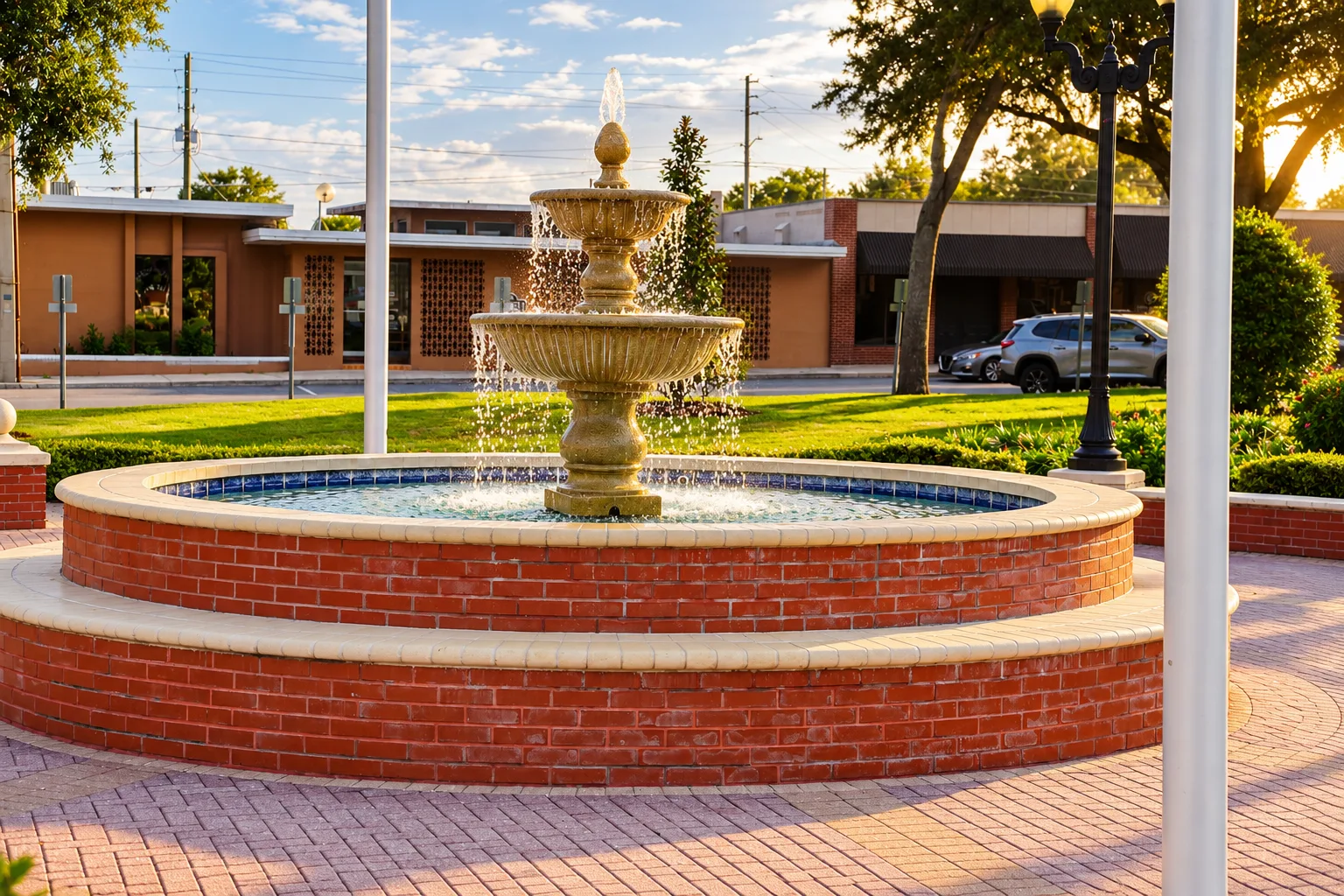 The tiered fountain in its round brick basin on the courthouse plaza, in late afternoon light.