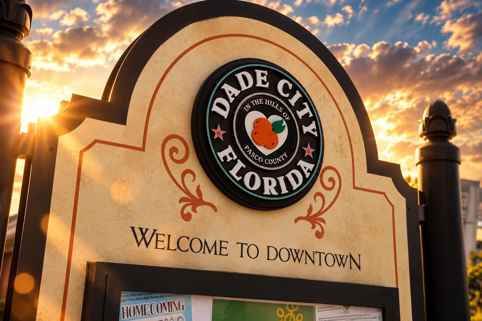 The Dade City sign that reads Welcome to Downtown, with the city seal, backlit by the setting sun.
